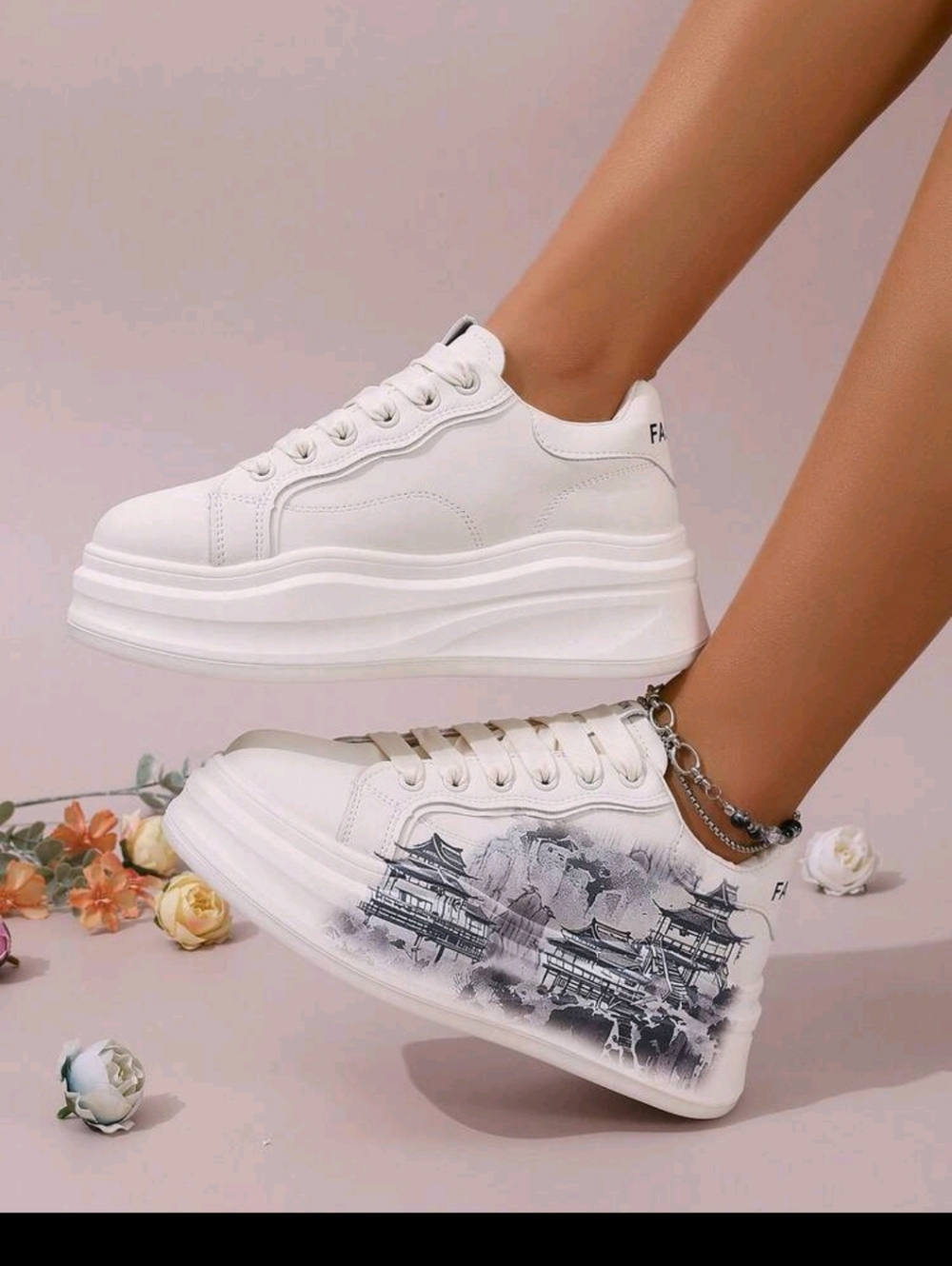 Women’s White Platform Sneakers with Gray Graphic Detail